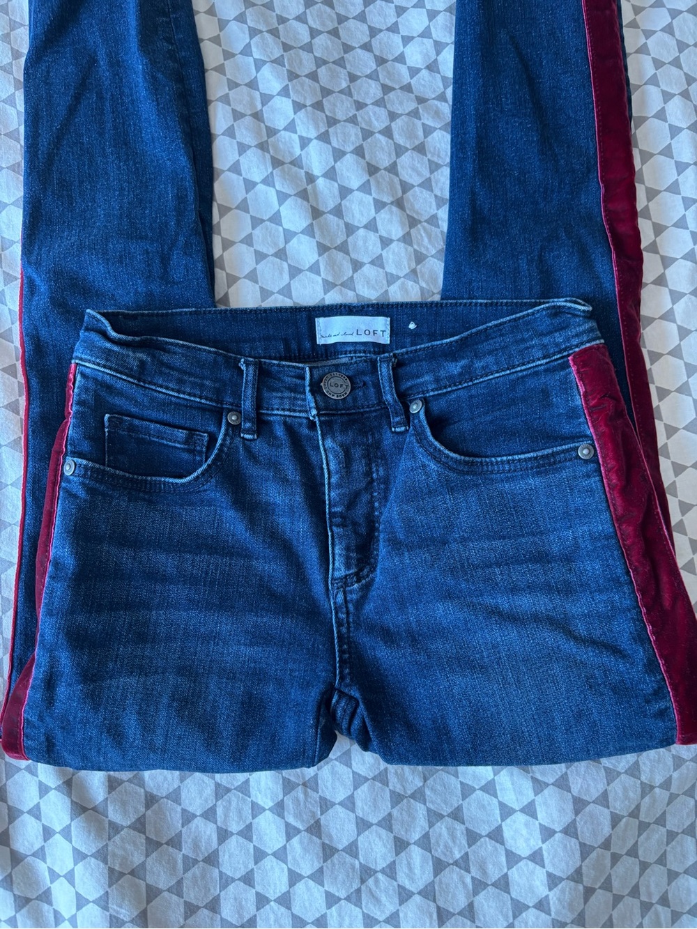 LOFT Dark Blue Skinny Jeans with Burgundy Velvet Side Stripe